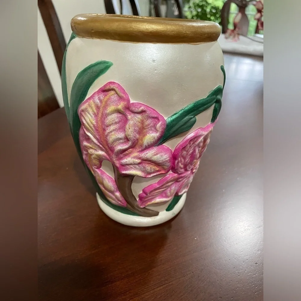 Decorative Ceramic Iris Vase with gold accents 7” tall 12” bottom 13 1/4 top